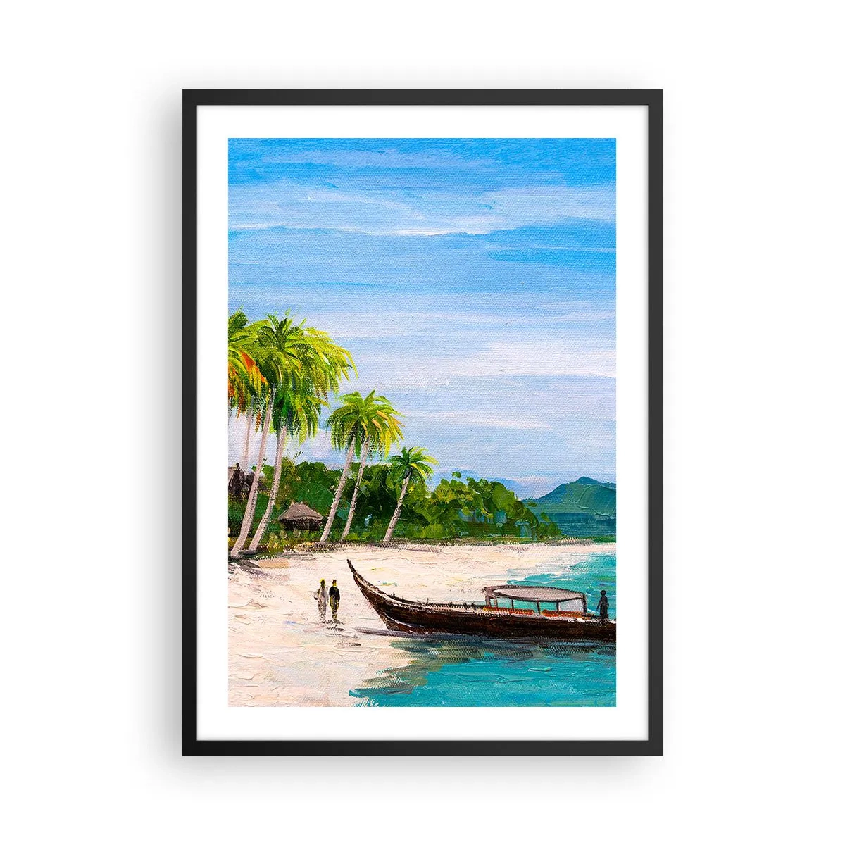 Poster in een zwarte lijst - Tropisch strand met palmbomen en een boot aan de kust - 50x70cm - Een exotische droom - Moderne wanddecoratie voor woonkamer en slaapkamer ARTTOR