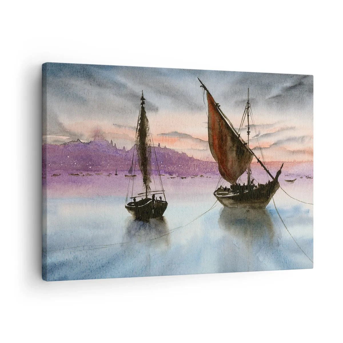 Schilderen op canvas - Twee zeilschepen aangemeerd op kalm water in de schemering - 70x50cm - Avond in de haven - Moderne wanddecoratie voor woonkamer en slaapkamer ARTTOR