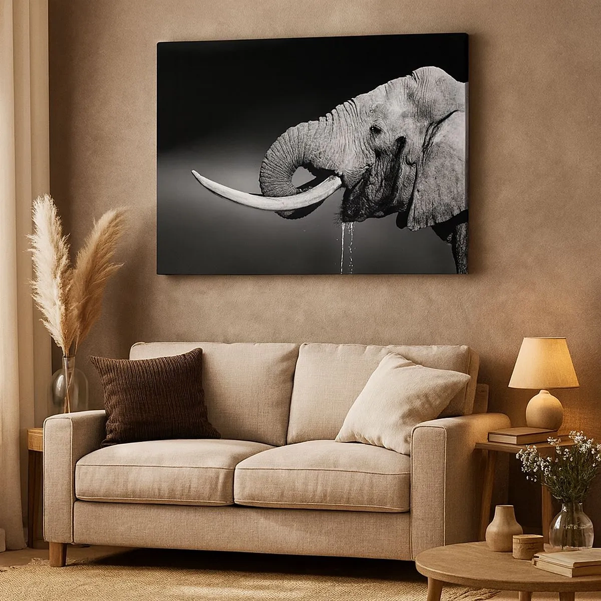 Schilderen op canvas - Zwart-witportret van een olifant in profiel - 70x50cm - Ja, goed nu - Moderne wanddecoratie voor woonkamer en slaapkamer ARTTOR