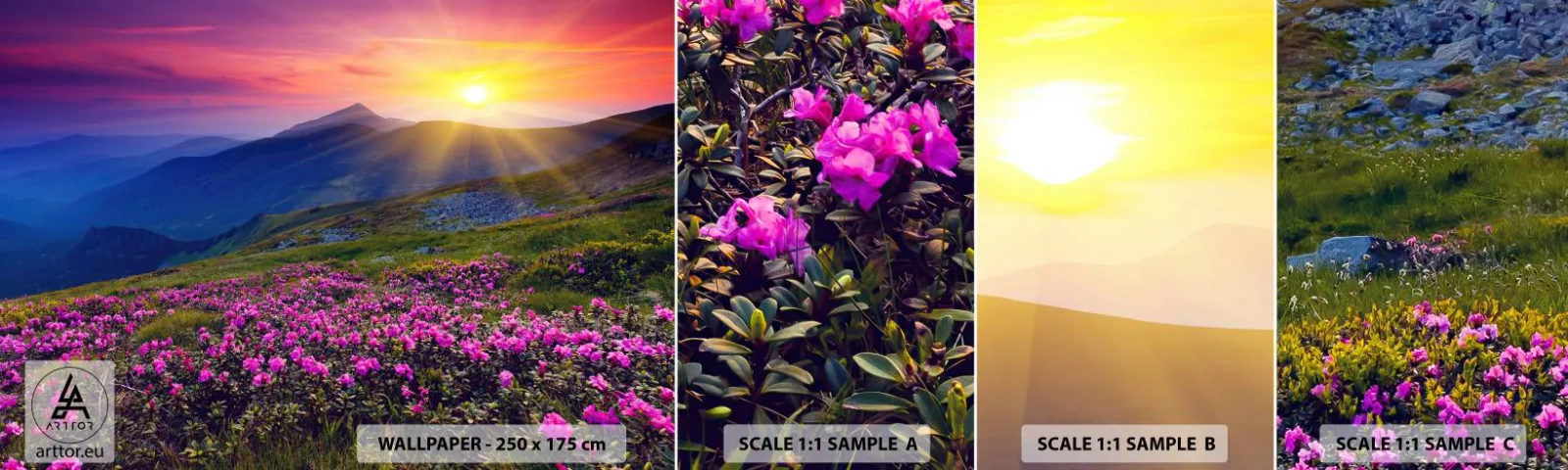 Fotobehang Staaltje Standard Eco - … En eromheen ruikt het naar bergdennen en de geur van kruiden - Landschap, Bergen, Zonsondergang - 100x30 cm