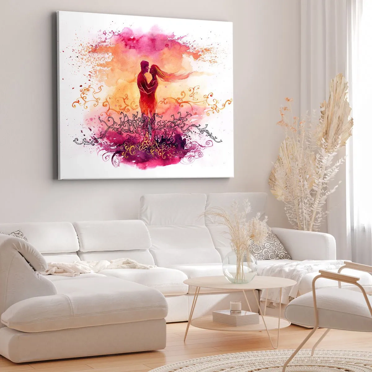 Schilderen op canvas - Een paar dat elkaar omhelst tegen een abstract roze en oranje patroon - 70x50cm - Een hart! Ik heb zo weinig nodig... - Moderne wanddecoratie voor woonkamer en slaapkamer ARTTOR