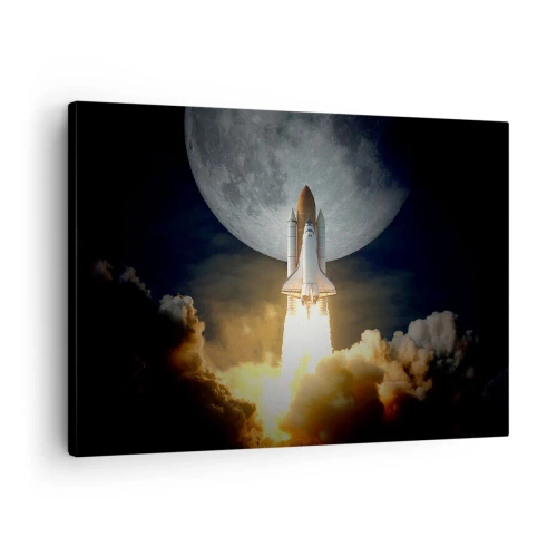 Schilderen op canvas - Een opstijgende raket tegen de achtergrond van een volle maan, omgeven door dynamische wolken. - 70x50cm - Het begin van een onaards avontuur - Moderne wanddecoratie voor woonkamer en slaapkamer ARTTOR