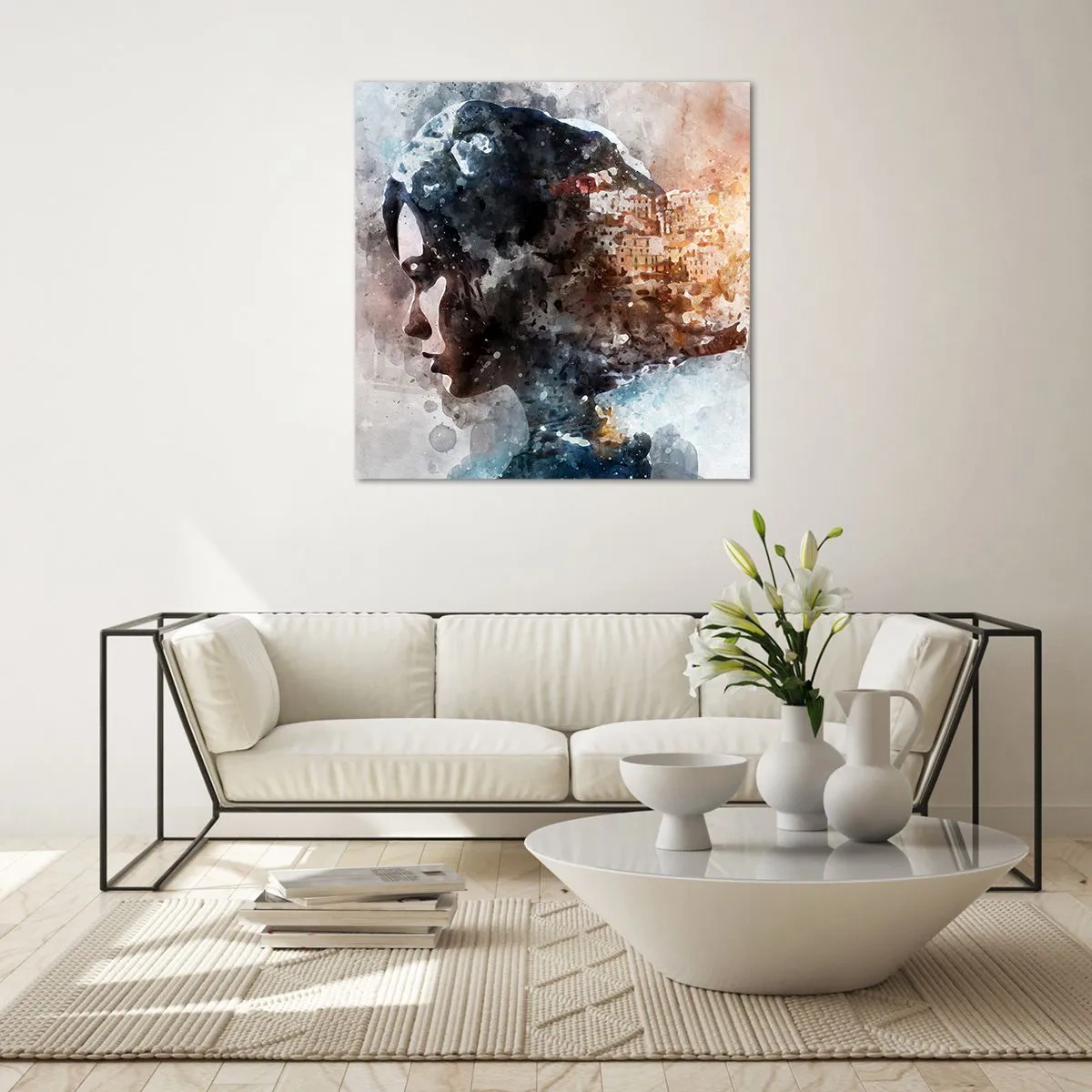 Schilderen op glas - Een verhaal over een meisje met een stad op de achtergrond - 50x50 cm