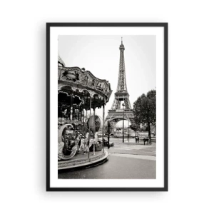Poster in een zwarte lijst - Zwart-witfoto van de draaimolen en de toren op de achtergrond - 50x70cm - Zo leuk, het is alleen in Parijs - Moderne wanddecoratie voor woonkamer en slaapkamer ARTTOR