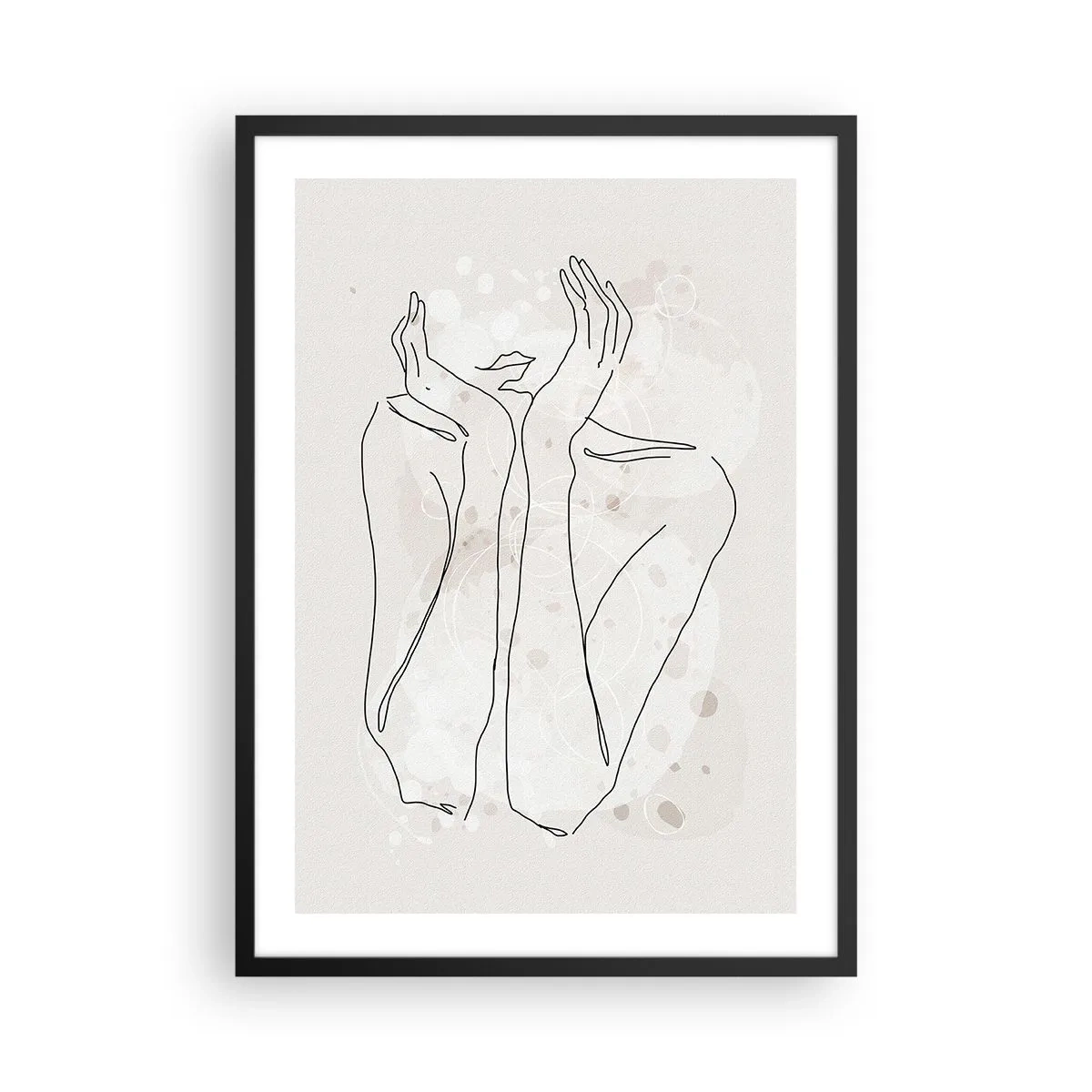 Poster in een zwarte lijst - Contourtekening van een hand met een abstracte achtergrond in beige tinten - 50x70cm - Een dromerig moment - Moderne wanddecoratie voor woonkamer en slaapkamer ARTTOR
