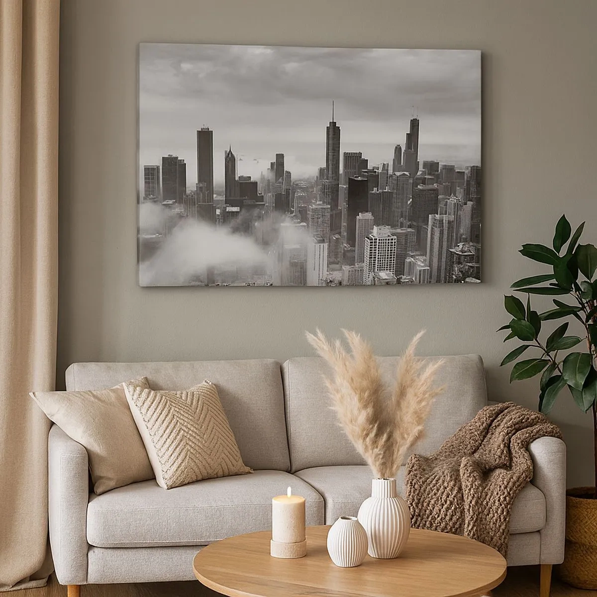Schilderen op canvas - Stadspanorama met wolkenkrabbers in de wolken in zwart-wit - 70x50cm - Amerikaans landschap - Moderne wanddecoratie voor woonkamer en slaapkamer ARTTOR
