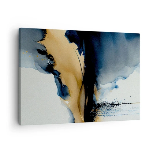 Schilderen op canvas - Een abstracte compositie in tinten marineblauw en goud - 70x50cm - Achter het gordijn - Moderne wanddecoratie voor woonkamer en slaapkamer ARTTOR