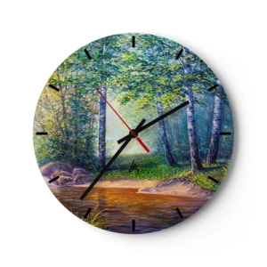 Wandklok - Klok - Een schilderachtig berkenbos met een rivier verlicht door de zonnestralen - 30x30cm - Idyllisch landschap - Moderne wanddecoratie voor woonkamer, keuken en slaapkamer ARTTOR