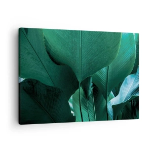 Schilderen op canvas - Groene bladeren in een minimalistische compositie - 70x50cm - Naar het licht gekeerd - Moderne wanddecoratie voor woonkamer en slaapkamer ARTTOR