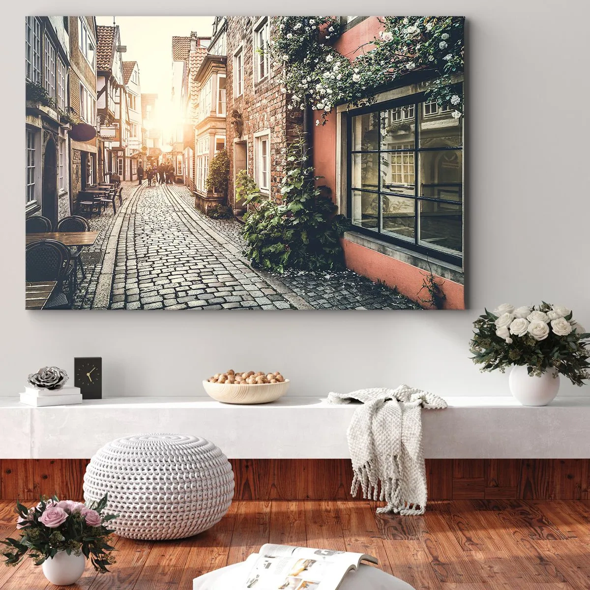 Schilderen op canvas - Rozensteeg in roze gloed - 120x80 cm