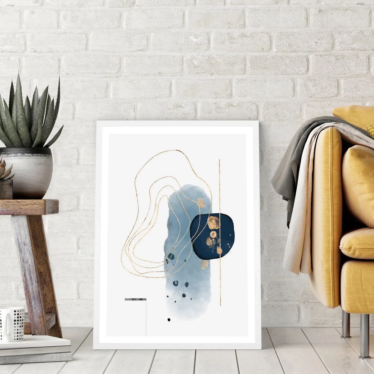 Poster in een witte lijst - Blauw en goud fantasie - 70x100 cm