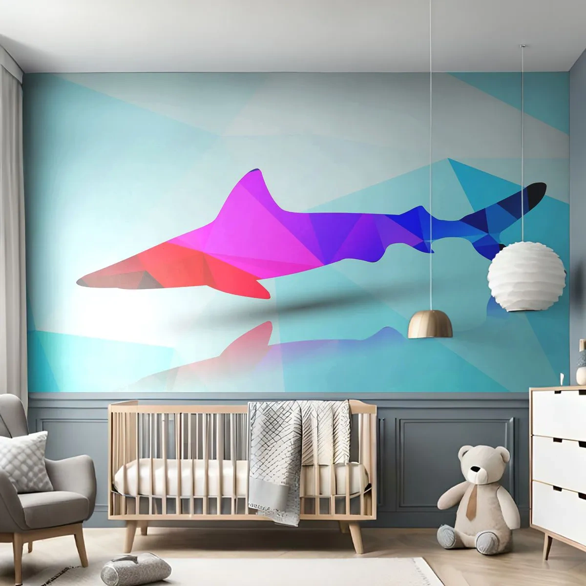 Zelfklevend Fotobehang Deluxe Sticker - Een haai in een kristallen ruimte - Dieren, Haai, Geometrische figuur - 250x175 cm