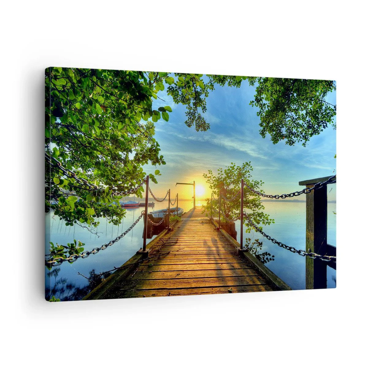 Schilderen op canvas - Een pier over het meer in de stralen van de zonsondergang - 70x50cm - Zonsondergang boven het water - Moderne wanddecoratie voor woonkamer en slaapkamer ARTTOR