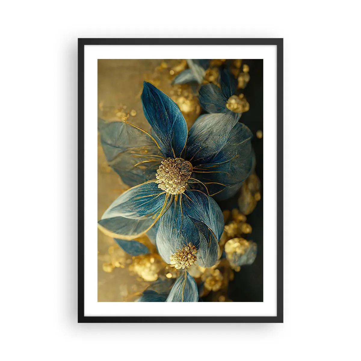 Poster in een zwarte lijst - Goud- en marineblauwe bloemen in een elegante compositie - 50x70cm - Bloei met goud - Moderne wanddecoratie voor woonkamer en slaapkamer ARTTOR