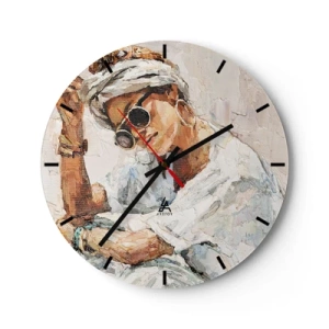 Wandklok - Klok - Portret van een vrouw met een zonnebril, geschilderd in impasto - 30x30cm - Portret in de volle zon - Moderne wanddecoratie voor woonkamer, keuken en slaapkamer ARTTOR