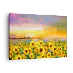 Schilderen op canvas - Een veld zonnebloemen in het licht van de ondergaande zon - 70x50cm - De zon zelf daalde naar de aarde - Moderne wanddecoratie voor woonkamer en slaapkamer ARTTOR