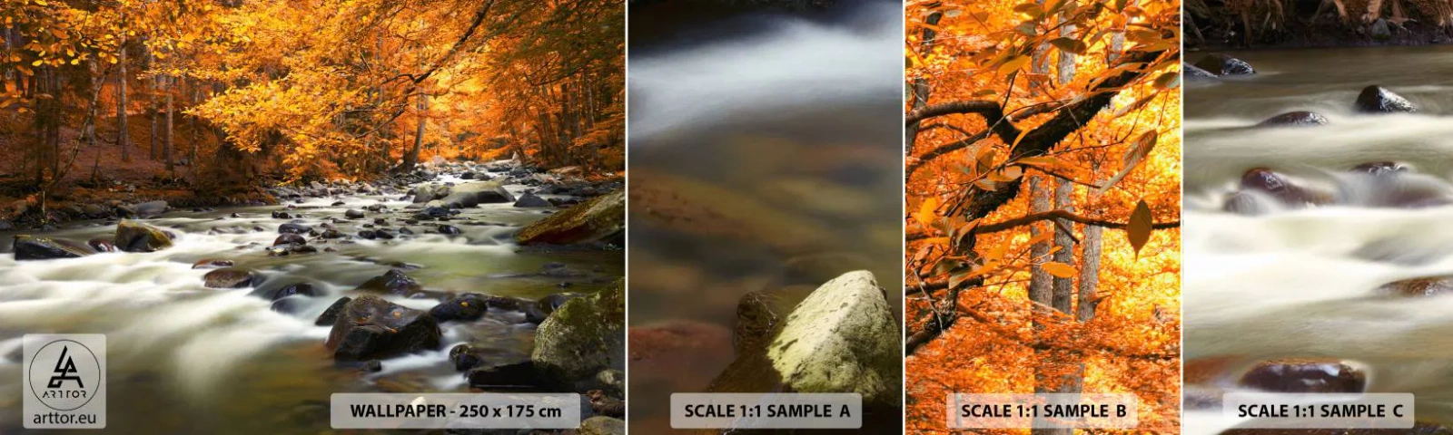 Fotobehang Monster Zelfklevend Deluxe Sticker - Een stroom in een gouden bos - Landschap, Woud, Berg rivier - 100x30 cm