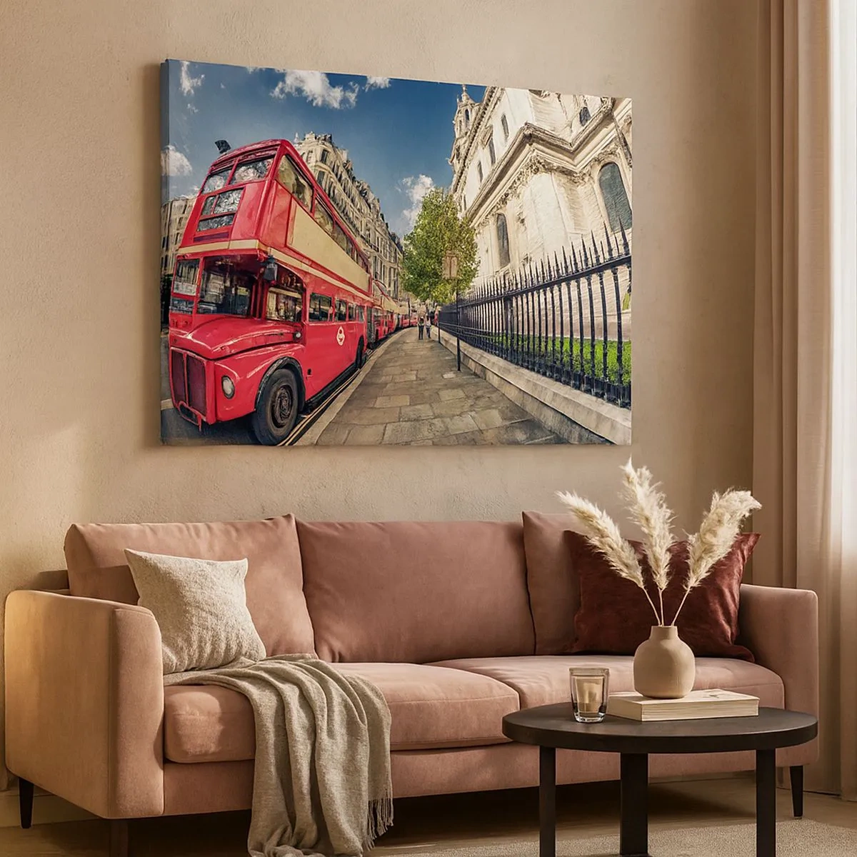 Schilderen op canvas - Rode dubbeldekkerbus in Londen vlakbij de straat en de kathedraal - 70x50cm - Londense straat in grijs en rood - Moderne wanddecoratie voor woonkamer en slaapkamer ARTTOR