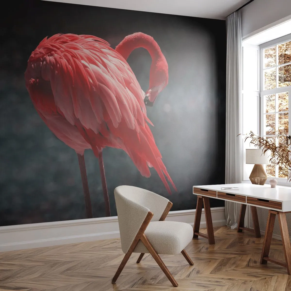 Fotobehang op maat Premium Sand - Een karmozijnrood gedicht van de natuur - Flamingo, Vogel, Natuur