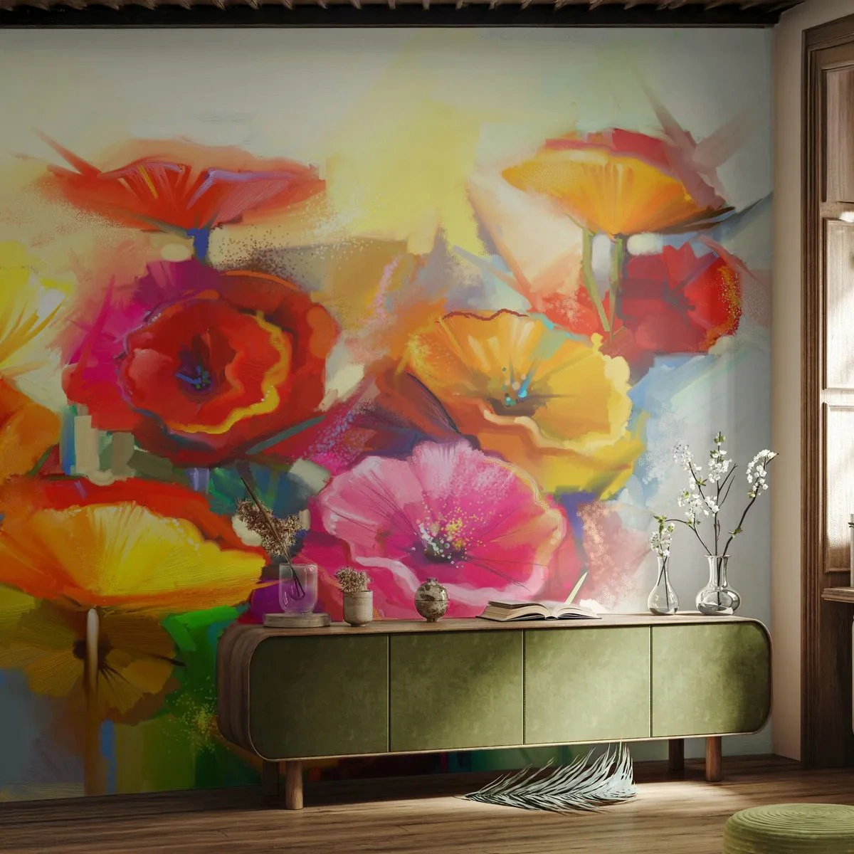 Fotobehang Premium Sand - Niet alleen rood - Bloemen, Klaprozen, Tuin - 500x350 cm