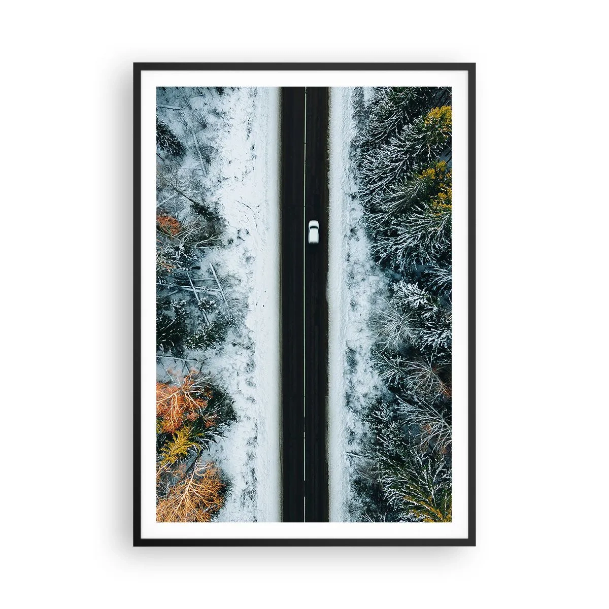 Poster in een zwarte lijst - Snijd door het winterbos - 70x100 cm