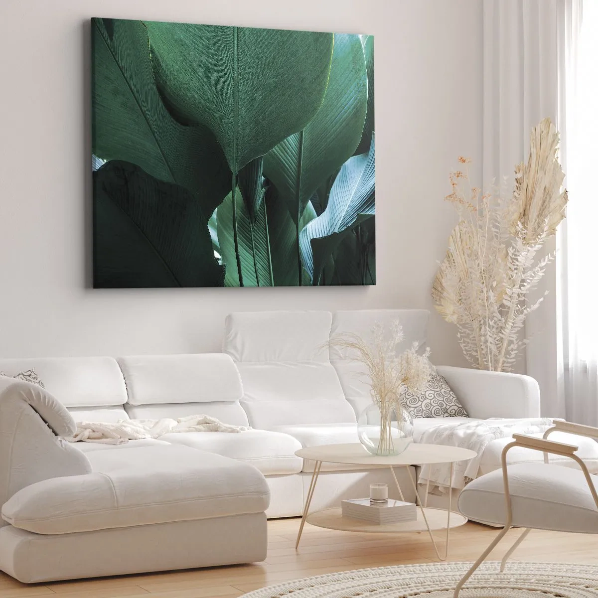 Schilderen op canvas - Groene bladeren in een minimalistische compositie - 70x50cm - Naar het licht gekeerd - Moderne wanddecoratie voor woonkamer en slaapkamer ARTTOR