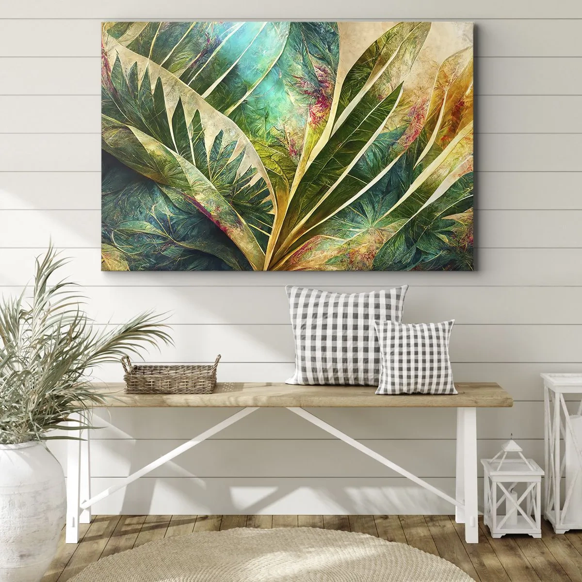 Schilderen op canvas - Kleurrijke tropische bladeren op een lichte achtergrond - 70x50cm - De kleuren van de tropen - Moderne wanddecoratie voor woonkamer en slaapkamer ARTTOR
