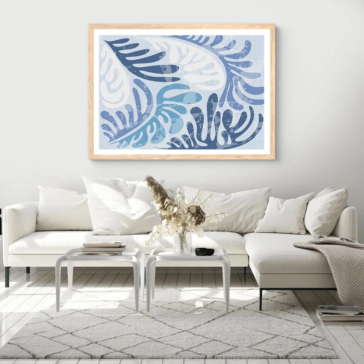 Een poster in een licht eiken lijst - Blauwe varens - 91x61 cm