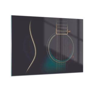 Schilderen op glas - Close-up van een zwarte akoestische gitaar met snarendetail - 70x50cm - Nog even voordat het klinkt - Moderne wanddecoratie voor woonkamer en slaapkamer ARTTOR