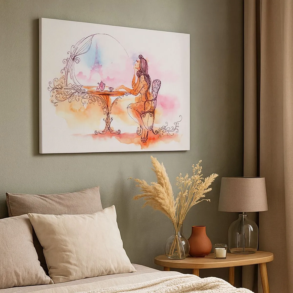 Schilderen op canvas - Romantische aquarel van een vrouw in een café met uitzicht op een toren - 70x50cm - Parijse chic - Moderne wanddecoratie voor woonkamer en slaapkamer ARTTOR