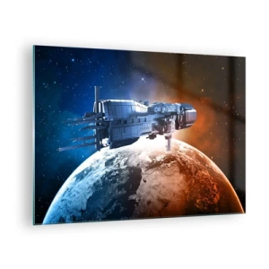 Schilderen op glas - Een ruimteschip dat in sterrenlicht om een planeet draait - 70x50cm - Een zorgvuldige waarnemer - Moderne wanddecoratie voor woonkamer en slaapkamer ARTTOR