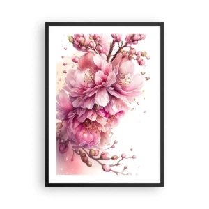 Poster in een zwarte lijst - Tedere roze kersenbloesems in volle bloei tegen een lichte achtergrond - 50x70cm - Kersenbloesem  - Moderne wanddecoratie voor woonkamer en slaapkamer ARTTOR