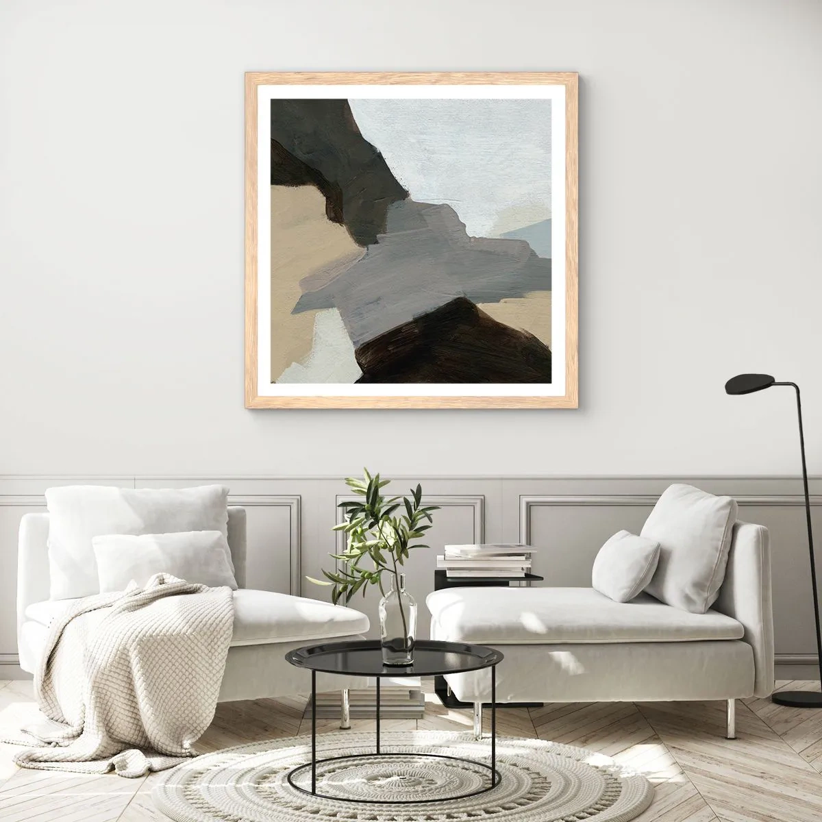 Een poster in een licht eiken lijst - Abstractie: het kruispunt van grijs - 40x40 cm