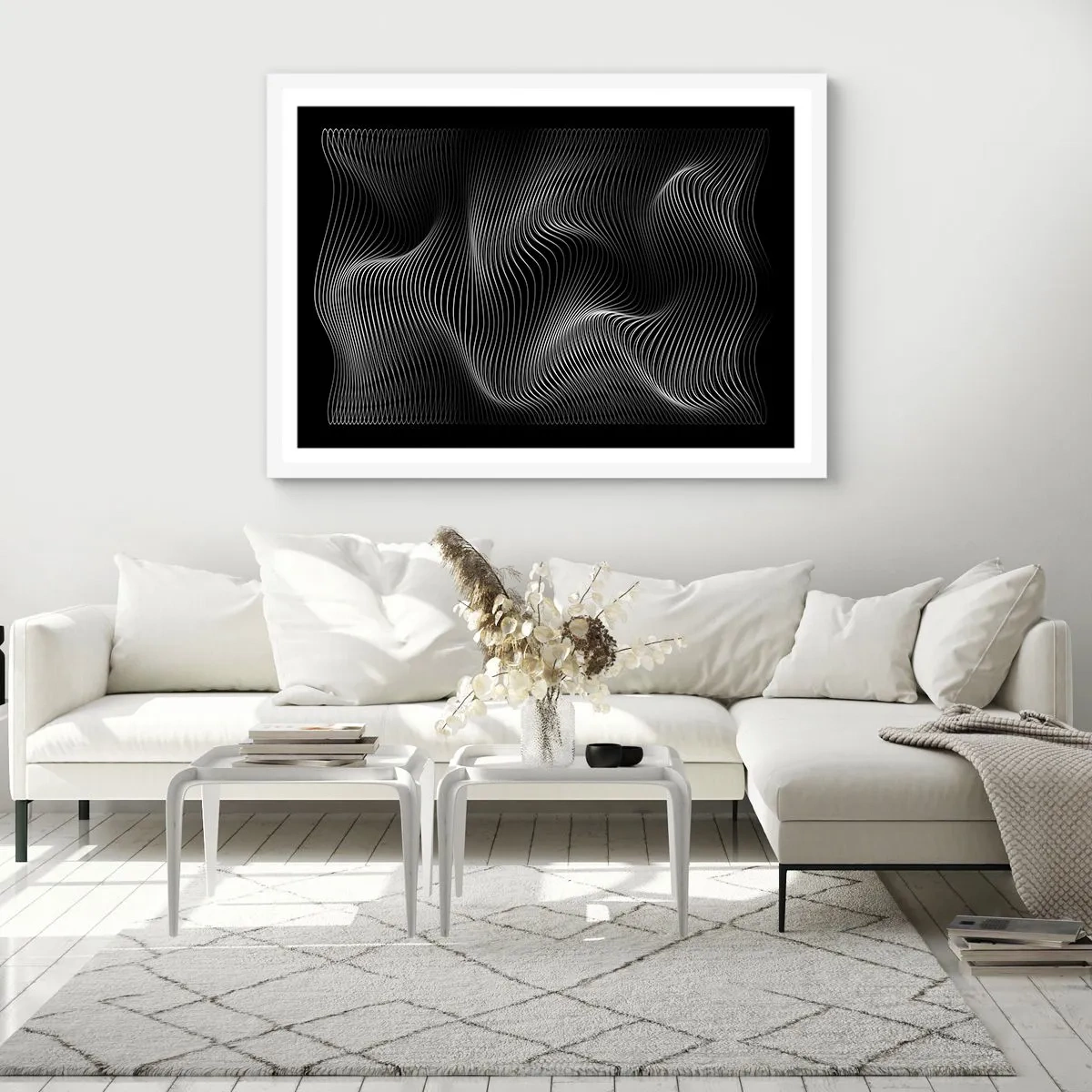 Poster in een witte lijst - Dans van licht in de ruimte - 91x61 cm