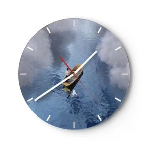 Wandklok - Klok - Een figuur in een boot die op kalm water drijft tussen de wolken - 30x30cm - Leven – reis – onbekend - Moderne wanddecoratie voor woonkamer, keuken en slaapkamer ARTTOR
