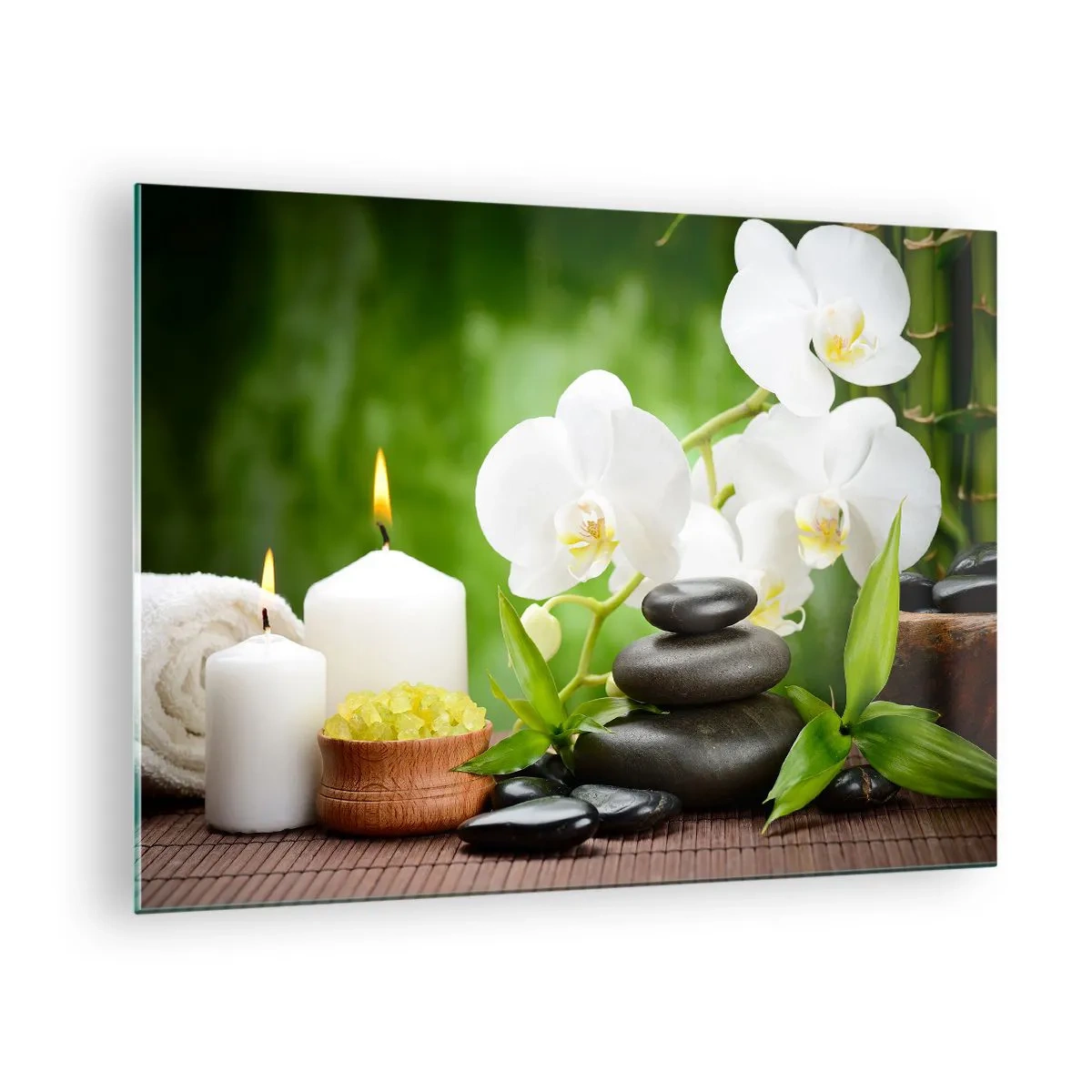 Schilderen op glas - Spa met orchideeën, stenen en kaarsen tegen een groene achtergrond - 70x50cm - Geurige, bloemige, delicate aanraking - Moderne wanddecoratie voor woonkamer en slaapkamer ARTTOR