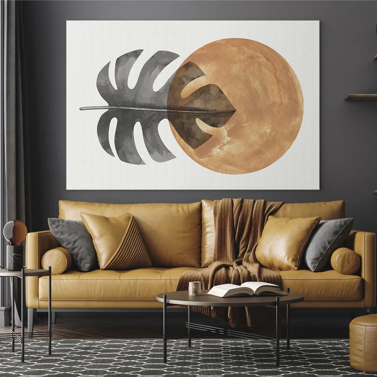 Schilderen op glas - Monstera-blad en oranje cirkel in grafische stijl op witte achtergrond. - 70x50cm - Altijd de zon - Moderne wanddecoratie voor woonkamer en slaapkamer ARTTOR