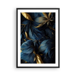 Poster in een zwarte lijst - Gouden bladeren tegen een diep marineblauwe achtergrond - 50x70cm - Met goud gevoerd - Moderne wanddecoratie voor woonkamer en slaapkamer ARTTOR