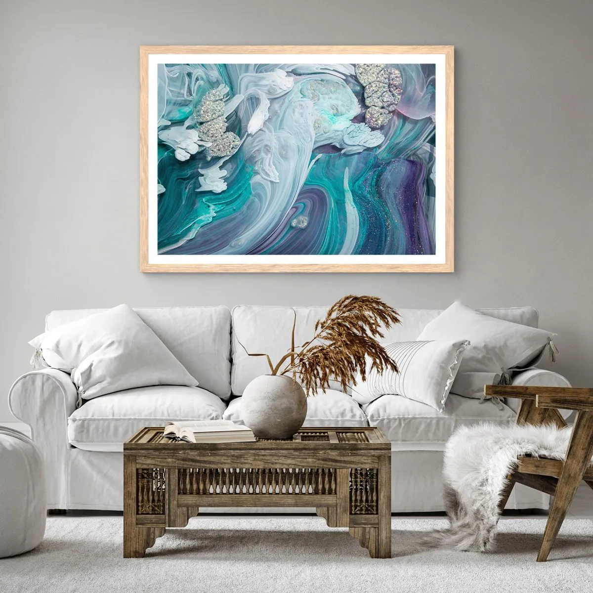 Een poster in een licht eiken lijst - Stromingen van hemelsblauw - 91x61 cm