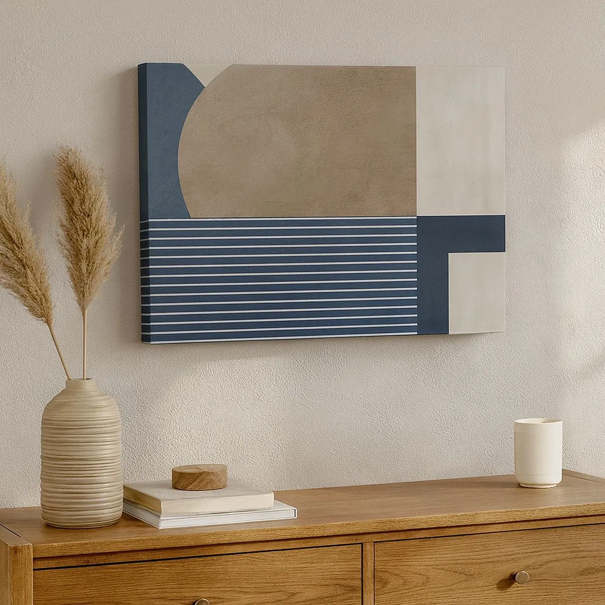Schilderen op canvas - Geometrische figuren in tinten beige en marineblauw met lijnen - 70x50cm - Een compositie van eenvoud en rondheid - Moderne wanddecoratie voor woonkamer en slaapkamer ARTTOR