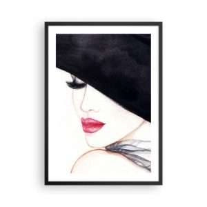 Poster in een zwarte lijst - Portret van een vrouw met een zwarte hoed en rode lippen - 50x70cm - Elegantie en sensualiteit - Moderne wanddecoratie voor woonkamer en slaapkamer ARTTOR