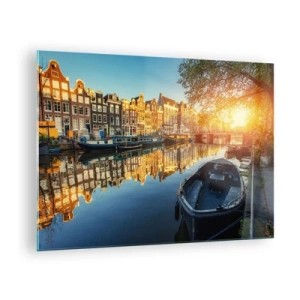Schilderen op glas - Amsterdamse gracht bij zonsondergang - 70x50cm - Ochtend in Amsterdam - Moderne wanddecoratie voor woonkamer en slaapkamer ARTTOR