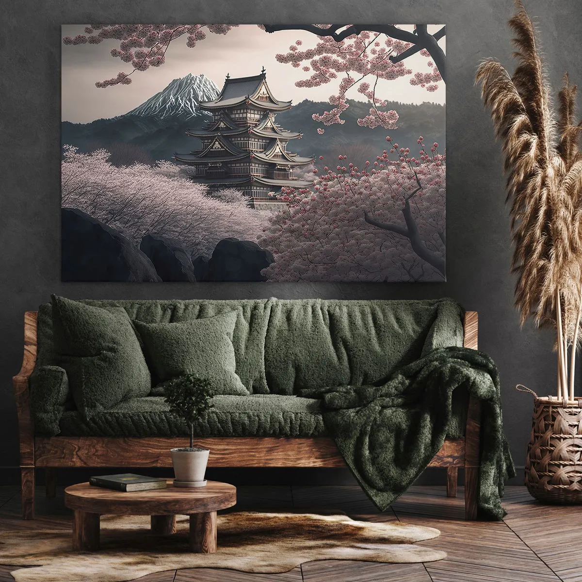 Schilderen op canvas - Een Japanse tempel omgeven door kersenbloesems en bergen - 70x50cm - Het land van de kersenbloesem - Moderne wanddecoratie voor woonkamer en slaapkamer ARTTOR