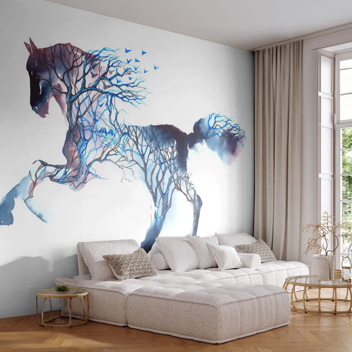 Zelfklevend Fotobehang Deluxe Sticker - En alsof het bos was verplaatst - Abstractie, Paard, Dieren - 300x210 cm