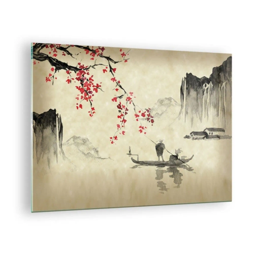 Schilderen op glas - Oosterse vissersscène met kersenbloesemtak en bergen - 70x50cm - In het land van de bloeiende kersenbomen - Moderne wanddecoratie voor woonkamer en slaapkamer ARTTOR