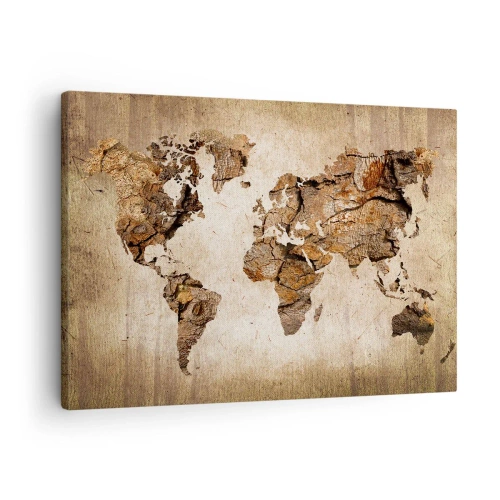 Schilderen op canvas - Een wereldkaart in een houten, rustieke stijl - 70x50cm - Ontdekking van de wereld - Moderne wanddecoratie voor woonkamer en slaapkamer ARTTOR