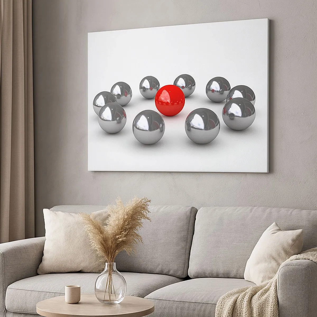 Schilderen op canvas - Een rode bal omringd door zilveren ballen op een witte achtergrond - 70x50cm - Een cirkel in zilver en rood - Moderne wanddecoratie voor woonkamer en slaapkamer ARTTOR