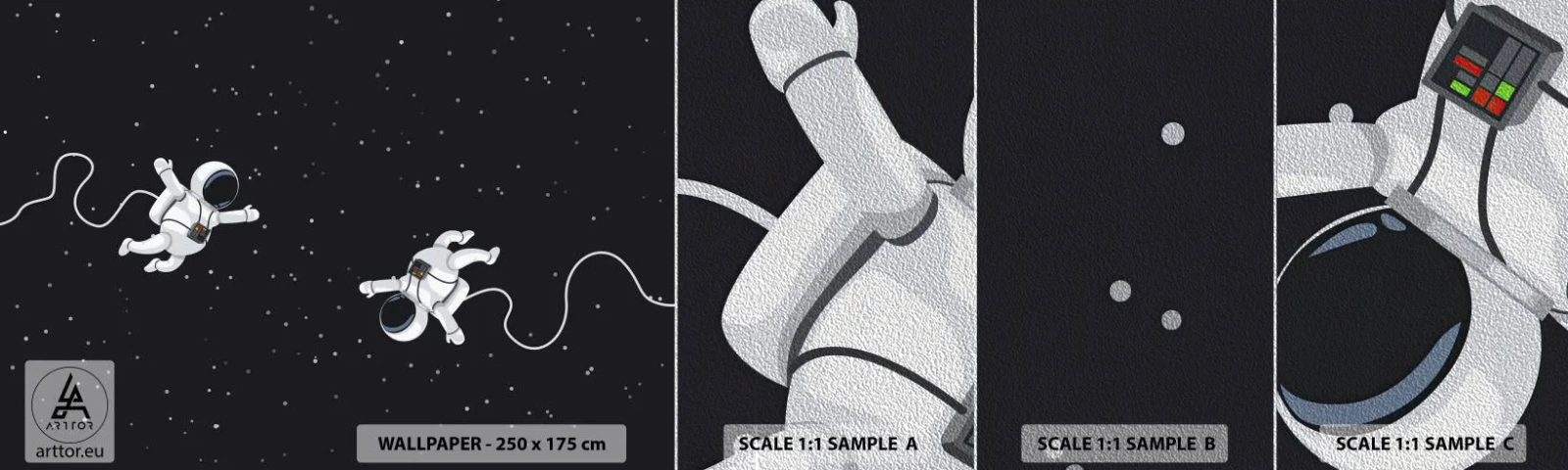 Fotobehang Monster Premium Sand - Kosmische dans - Abstractie, Astronaut, Kosmos - 100x30 cm