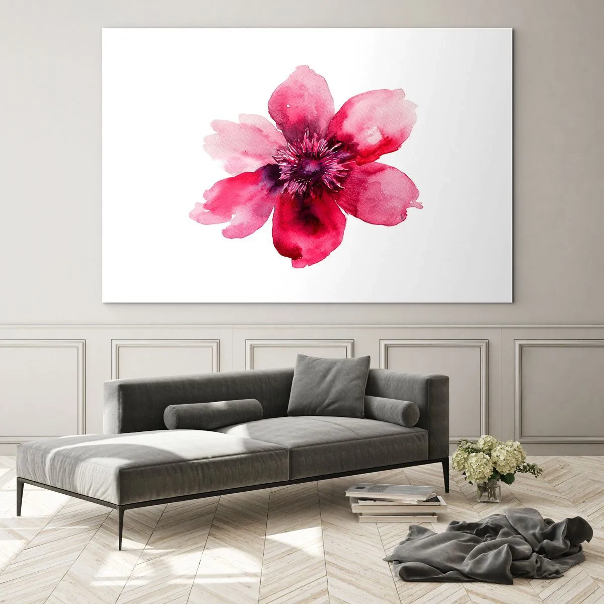 Schilderen op glas - Aquarelillustratie van een rode bloem op een witte achtergrond - 70x50cm - Een karmijnrode geurende kus - Moderne wanddecoratie voor woonkamer en slaapkamer ARTTOR