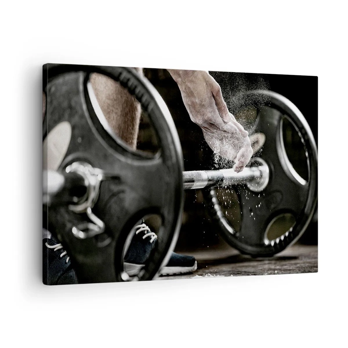 Schilderen op canvas - Halters en de handen van een atleet ter voorbereiding op de training - 70x50cm - Uitdaging aanvaard! - Moderne wanddecoratie voor woonkamer en slaapkamer ARTTOR